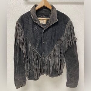 VINTAGE Black Leather Fringed Rodeo Jacket